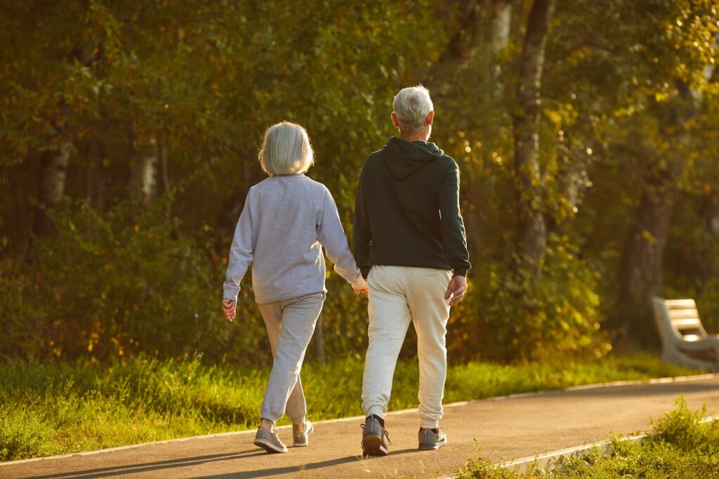 Married senior couple walking together on a sunny summer evening. From behind an old man and woman in sports clothes holding hands walking on a park walkway among green trees.