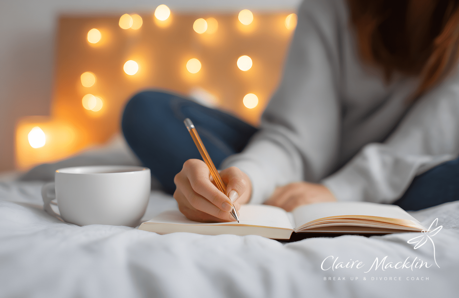 Lady sat on bed writing in a journal